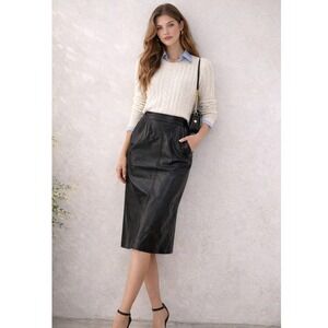 Vintage EVAN DAVIES‎ Black Genuine Leather Midi Pencil Skirt Size 8 M
